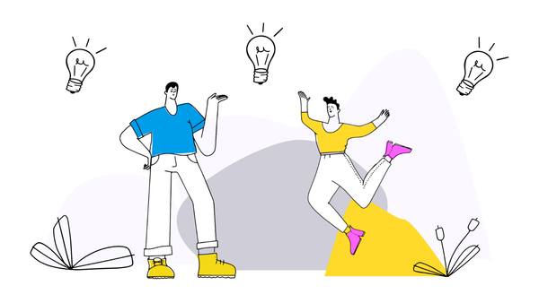 A person standing, talking and gesturing and a person jumping for joy, with lightbulbs surrounding them.